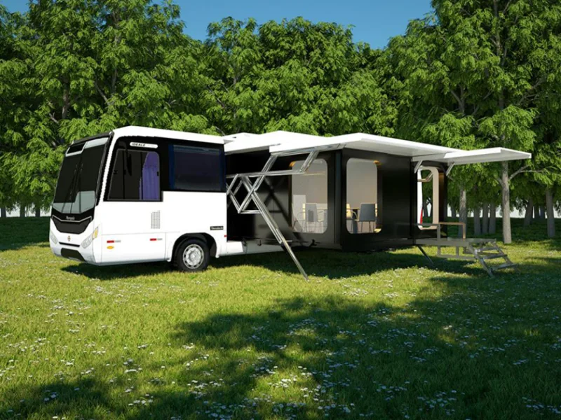Neste exemplo, a casa é montada sobre a estrutura de um ônibus e pode ser levada para qualquer lugar. Imagem: Divulgação