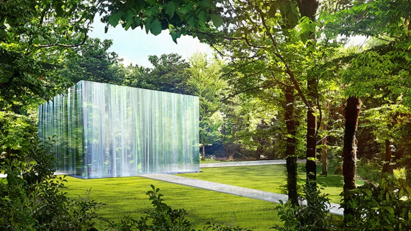 Uma fonte em forma de cubo despeja água ao redor do visitante. Imagem: Studio Dror/Divulgação