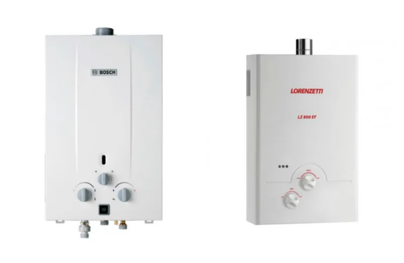 O aquecedor Bosch com capacidade de 7,5L custa R$ 1.359,90 na Leroy Merlin e o aquecedor Lorenzetti de 8L custa R$ 1.027,25 no Balaroti. Fotos: Divulgação