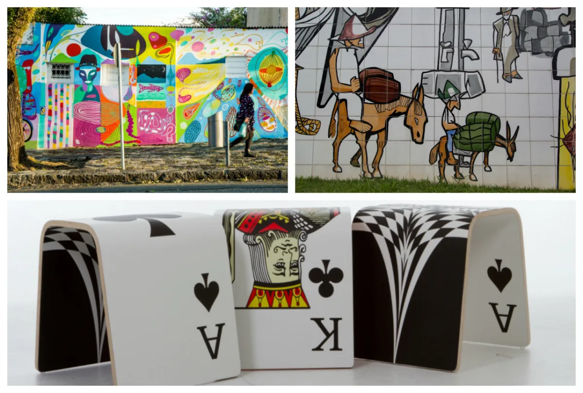 Curitiba tem longo histórico na produção de design. Na foto, murais dos artistas curitibanos Potty Lazzarotto e Rimon Guimarães e bancos do designer Gustavo Engelhardt. Fotos: Henry Milleo/Arquivo Gazeta do Povo; Mel Gabardo/Arquivo Gazeta do Povo e Hugo Harada/Gazeta do Povo