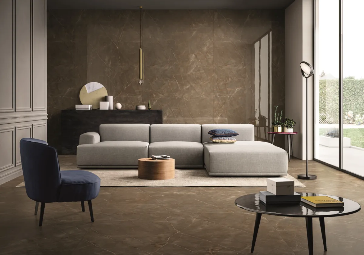 Procelanato Fiandre Glam Bronze utilizado em projeto de interior. Foto: Divulgação