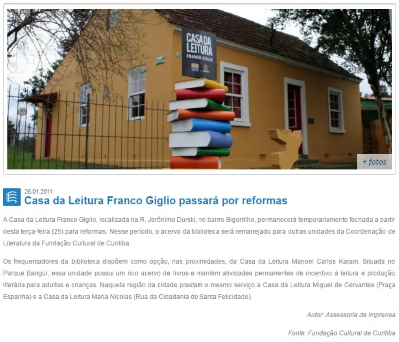 Reprodução da nota oficial da Fundação Cultural de Curitiba quando do fechamento da Casa de Leitura em 2011.
Foto: Reprodução.