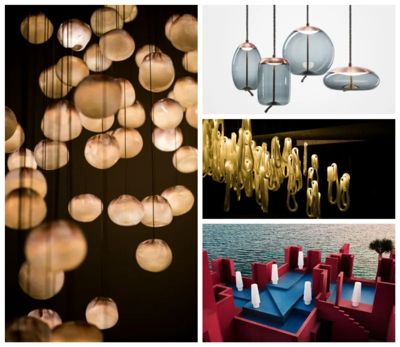 Pendente Bocci, pendentes de vidro da Brokis, pendente Bocci e luminária de mesa Vondom.