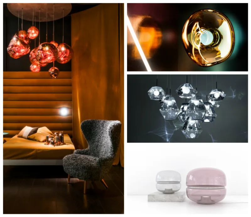 Ambientação de Tom Dixon, luminária de parede e pendente Tom Dixon e luminária de mesa Brokis.