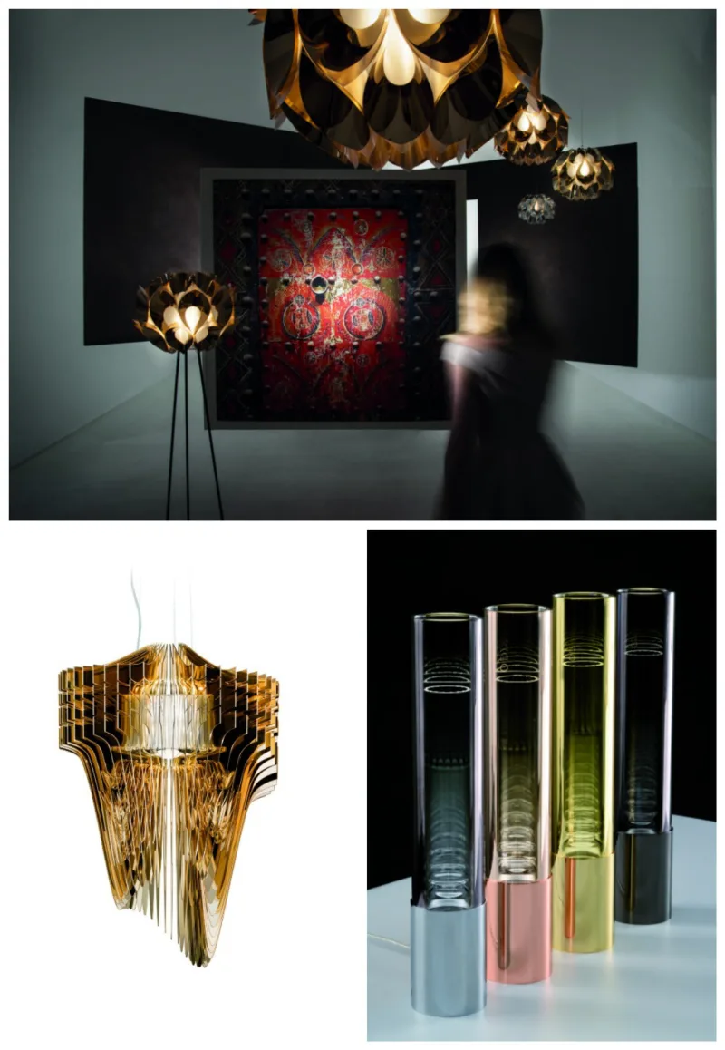 Ambientação da Slamp, pendente Slamp e luminárias de mesa Leucos.