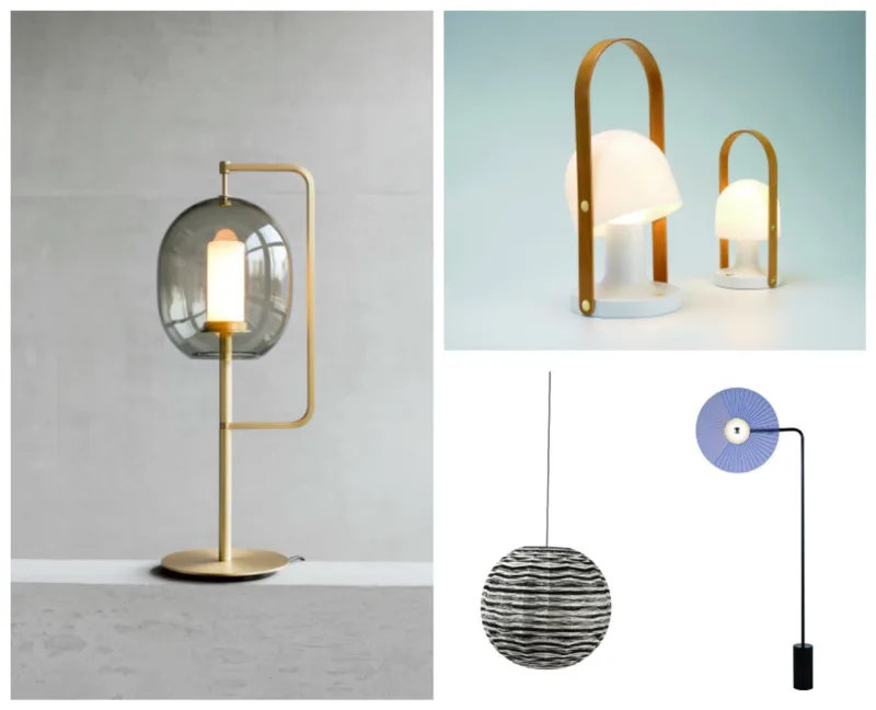 Luminárias de mesa Classicon e Marset, pendente Missoni e luminária de chão Roche.