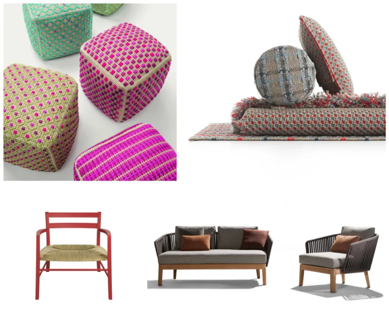 Pufes de Paola Lenti, almofadas da Gan, poltrona da De Padova e conjunto estofado da Tribu.