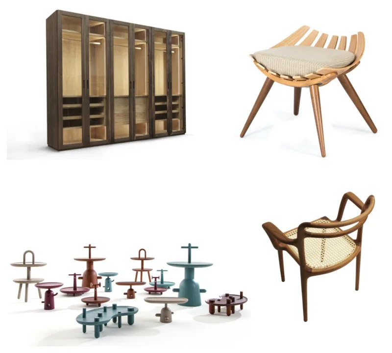 Armário da Riva 1920, assento de Anna Scotta, mesas da Cassina e cadeira com encosto da A Lot of Brasil.