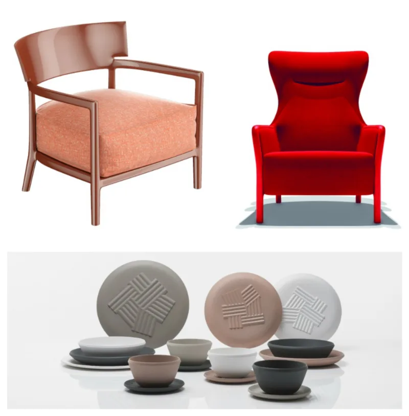 Cadeira da Kartell, poltrona da Piaval e louças da Kartell.