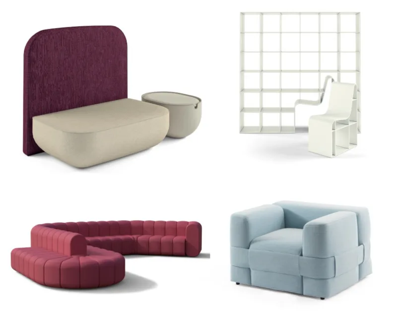 Banco/mesa da Alias, Estante/cadeira da Alias, sofá modular da Blas Station e poltrona da Cassina.
