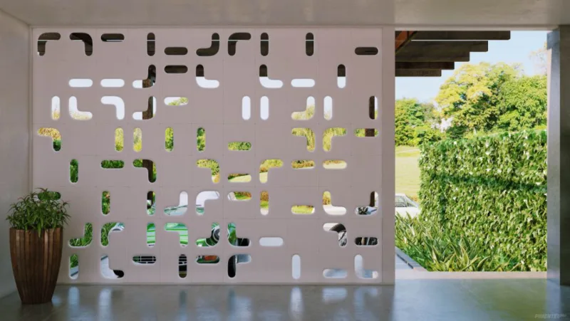 Cobogó Leno, assinado pelo designer Zanini de Zanine para a Solarium Revestimentos. Com três peças, a linha permite a criação de diferentes paginações.