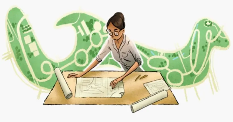 Doodle que o Google criou para homenagear Lota. A imagem fica na página inicial do buscador. Ao clicar nela, é possível acessar várias informações da arquiteta. Imagem: Reprodução