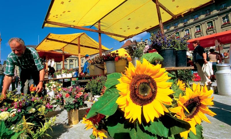 Mercado das flores na Praça do Parlamento Federal em Berna, considerado por muitos como um dos espaços públicos mais democráticos e acessíveis  da Europa. Foto: Stephan Engler/Swiss-Image.ch/Divulgação