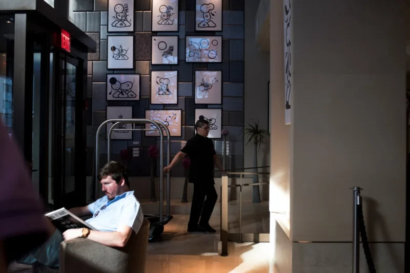 Art created by Chaz Barrisson, half of the street art duo London Police, on display in the lobby of the Quin Hotel, in New York, Aug. 18, 2016. As hotels aim to distinguish themselves in the Airbnb era, many see artist-in-residence programs as a way to add allure. (Hilary Swift/The New York Times)