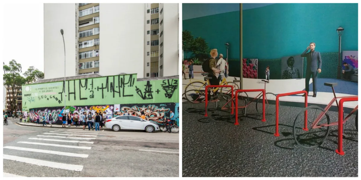 Pequeno terreno na esquina da Cruz Machado com a Visconde de Nacar tem projeto para se tornar a Praça de Bolso Gilda. 
Foto: Letícia Akemi / Gazeta do Povo e Reprodução projeto. 
