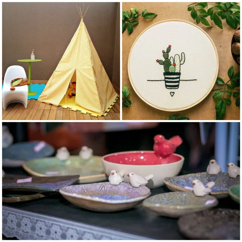 Produtos infatis da Lua di Cor, objetos e bordados da Lápis Bordô e cerâmicas da Keramikhaus estarão no Emporium Handmade.
Fotos: Divulgação.