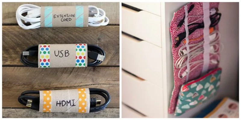 Rolinhos de papel higiênico customizados ou uma necessaire de viagem adaptada são boas opções para deixar os cabos ou fios que você não usa todos os dias bem guardados.