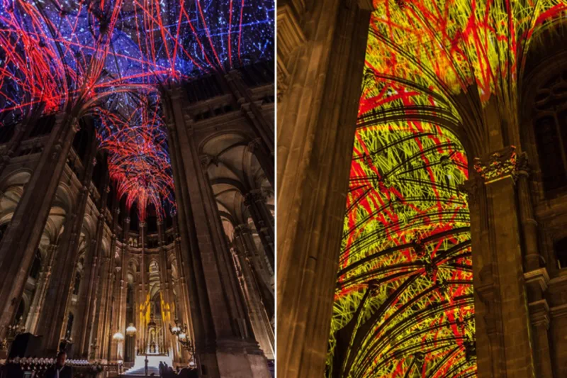 Efeito colorido no teto da igreja Saint-Eustache. Projeto do artista Miguel Chevalier.
