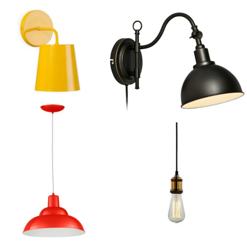 A arandela amarela sai por R$ 149,25 na Oppa; a luminária de teto vermelha custa R$ 188 na Tok&Stok; a arandela preta pode ser encontrada por R$ 199,90 na Etna; e o pendente industrial custa R$ 199 na MinD, lâmpada com filamento aparente não inclusa. Fotos: Divulgação