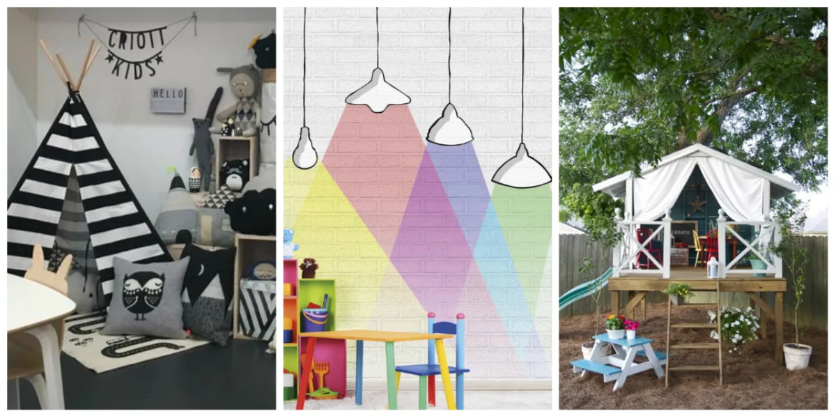 Cabaninhas, delimitação de espaço com cores e casinhas externas são algumas das ideias para fazer brinquedotecas divertidas. Fotos: créditos no texto
