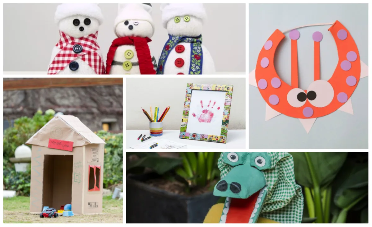Bonequinhos de neve com arroz, viseira de papel, cabana de papelão, fantoche com copo de plástico e moldura de gibi são alguns dos brinquedos que você pode fazer com os pequenos. Fotos: créditos no texto.