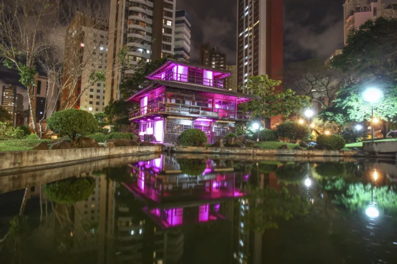 Predios iluminados para conscientização do cancer de mama na ação conhecida como Outubro Rosa. Na foto Praça do Japão