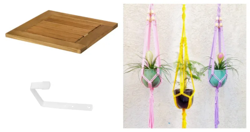 Montar uma mesa com gancho pode ser mais simples do que pensa: a tábua 41x41cm custa R$ 185 na Tok&Stok, compre dois ganchos, na Tok&Stok a unidade custa R$ 25,90, parafuse e voilá! O suporte para plantas Macramê custa R$ 129, na MinD.