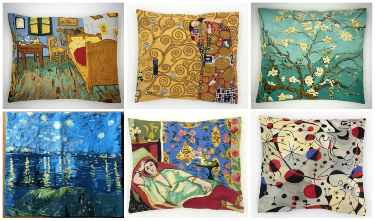 Edição limitada de almofadas bordadas à mão reproduz famosas obras de arte. Imagens: Galeria Zilda Fraletti/Elisa Lobo/Divulgação