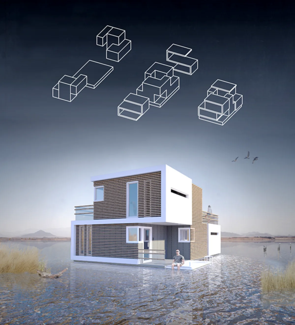 Projeto holandês permite que casa flutuável se divida em duas (Divulgação/Studio Oba)