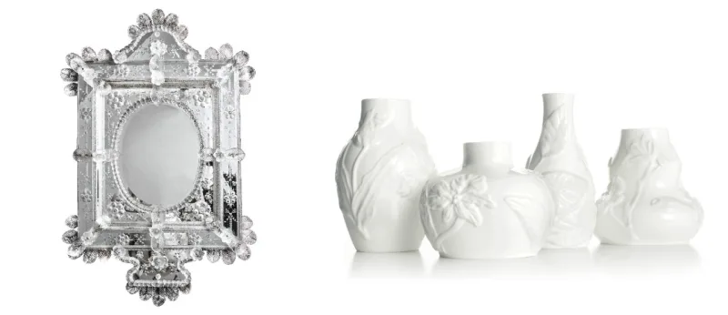 Espelho veneziado do século 19 todo lapidado em cristal e com plumas de murano no Antiquário Cristiano Ross; Vasos em estilo Tiffany com ornamentos inspirados em formas da natureza. Fotos: Divulgação
