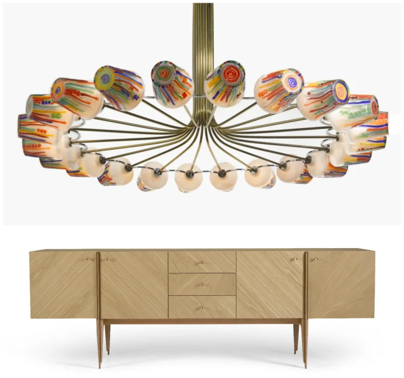 Lustre Ring, dos Irmãos Campana, para a Lasvit. Peça foi lançada pela Firma Casa; Buffet com design de Bruno Faucz para a Rudinick. Fotos: Divulgação