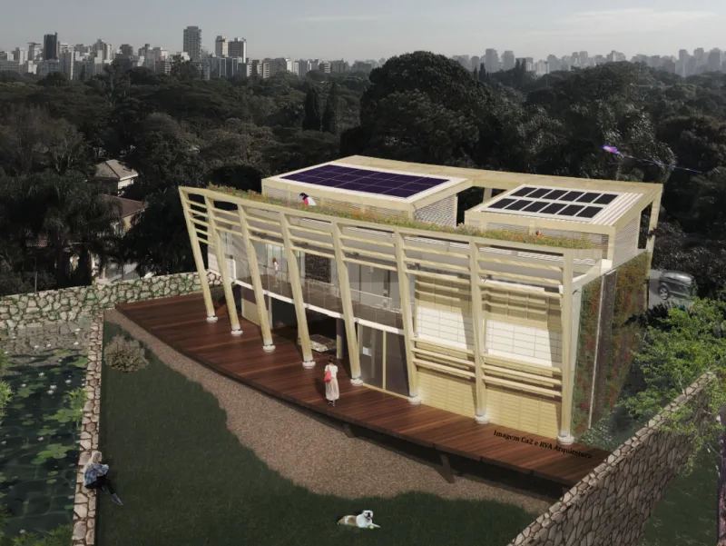 Perspectiva da casa Modulabi que será apresentada durante a 7ª edição da Greenbuilding Brasil .
Imagem: Divulgação.
