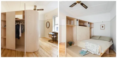 Um móvel que funciona como divisória, guarda-roupa e porta-coisas é um dos destaques do estúdio. Fotos: Divulgação  CatsEye Bay Design