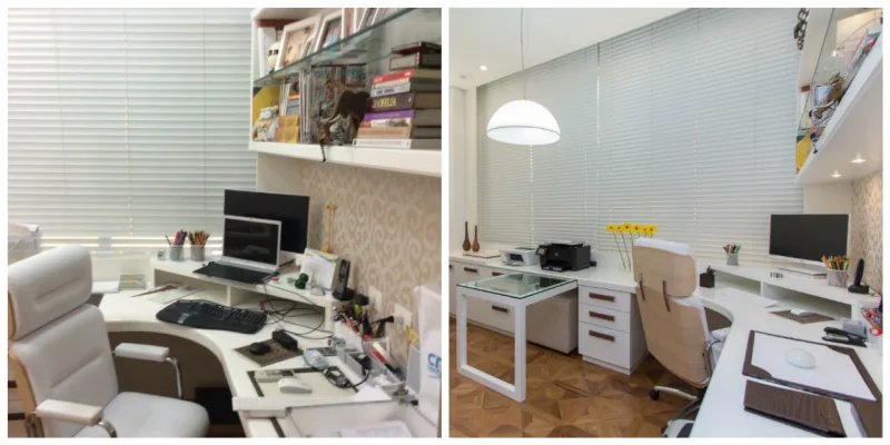 Exemplo de home staging feito pela designer de interiores Taicy Pires no escritório de um apartamento antes das fotos para a venda. Neste caso, a arrumação e retirada de pertences pessoais deu outro aspecto para o espaço.
Foto: Divulgação