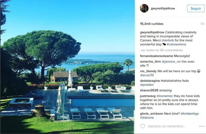 Gwyneth Paltrow compartilhou, em sua conta no Instagram, uma foto da vista da mansão cedida pelo Airbnb para sua estada na França, durante o Festival de Cannes.
Foto: Reprodução Instagram.