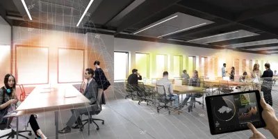 Criado pelo escritório Carlo Ratti Associati para a Fondazione Agnelli, na Itália, o sistema conta com diversos sensores instalados no teto falso do edifício, que são ativados pela presença humana. Imagem: Divulgação Carlo Ratti Associati