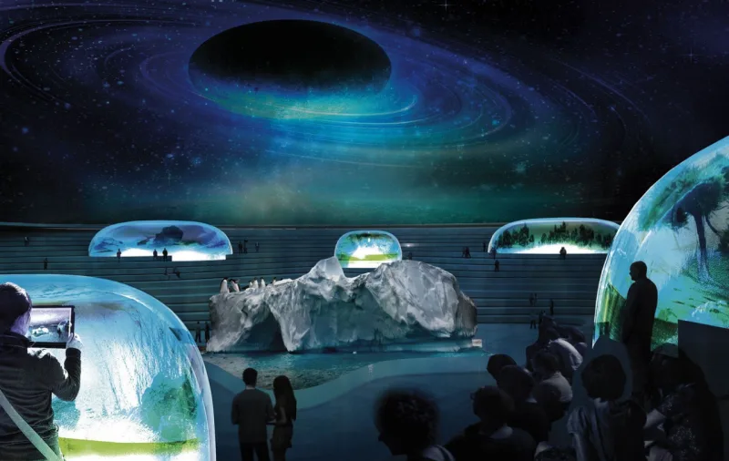A parte externa inclui um calçadão cercado de água que se integra ao rio como uma piscina infinita. Uma espécie de concha fecha à noite, criando um planetário.