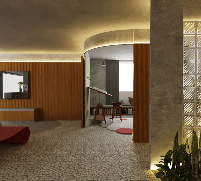 Por trás de um painel curvado também em madeira, está localizado um atelier para trabalhos criativos, com as mesmas cores dos outros ambientes.