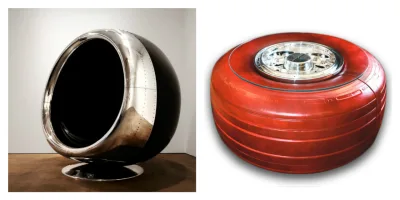 Cadeira feita com a turbina de 737 e mesa com o pneu de um 747