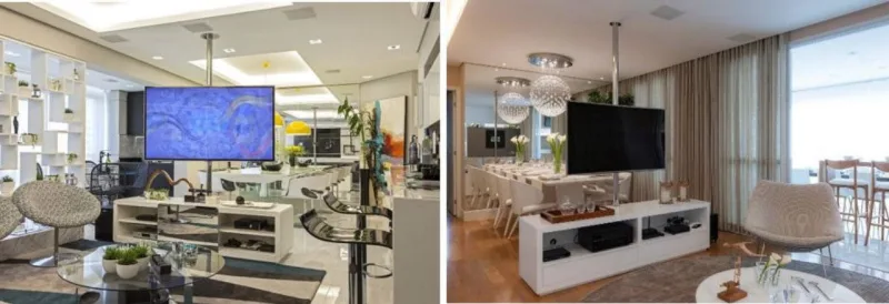 Suportes giratórios pendentes do teto fazem com que a televisão possa ser usada na sala de estar e de jantar nestes dois projetos do escritório Cristiane Schiavoni Arquitetura