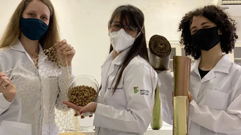 Da esquerda para a direita: Laura Drebes com biofilme, Flávia Twardowski com o coquinho do açaí jussara, e Camily dos Santos com o pseudocaule de bananeira
