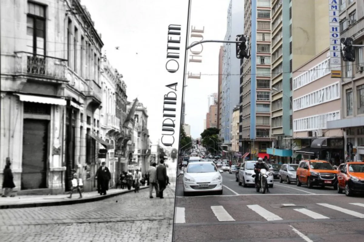 À esquerda, a fotografia da Marechal Floriano Peixoto em 1943, pertencente ao acervo de Cid Destefani. À direita, a mesma avenida atualmente, registrada por Andressa Katriny, fotógrafa da Câmara de Curitiba. Montagem: Aline Bonn/CMC)