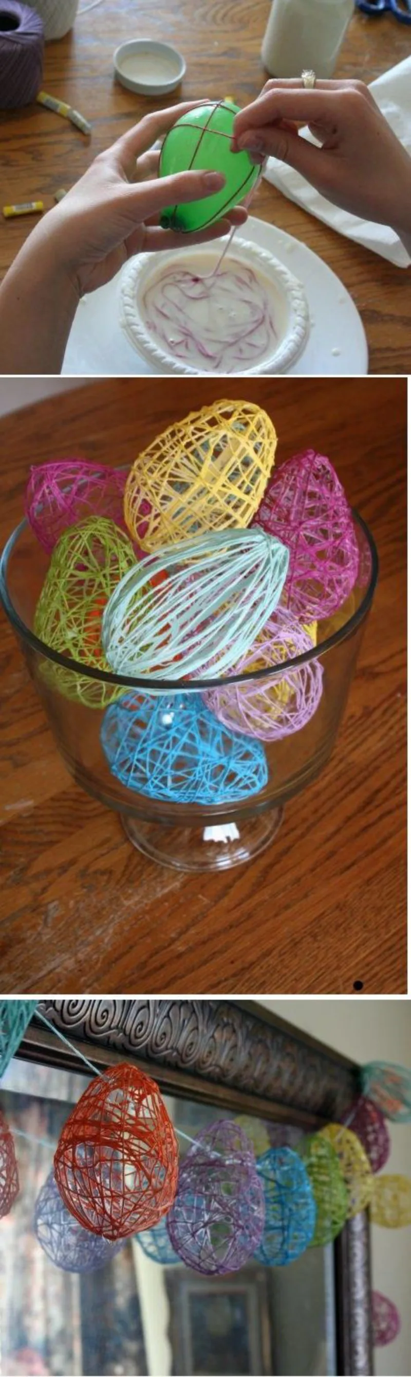 Aqui a ideia é fazer ovos com palha colorida. Basta usar uma bexiga como gabarito para enrolar os fios.
Foto: Reprodução Pinterest