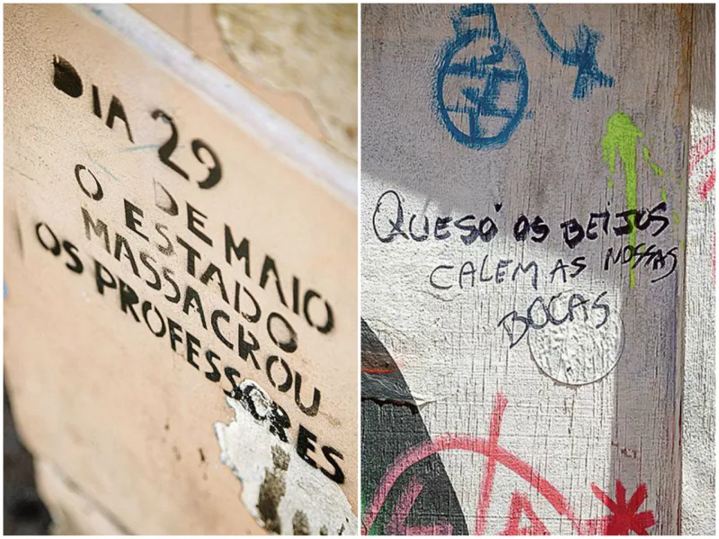 O discurso político também está presente em tapumes e velhas construções.