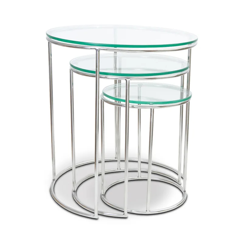 Mesa lateral ninho redonda steel em aço, inox e vidro Cecília Dale. R$1.180,00.
