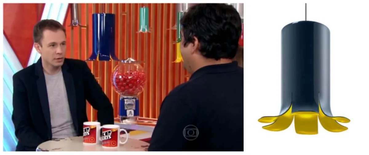 O apresentador Tiago Leifert com as luminárias Lali ao fundo. Imagem: Reprodução Globo / divulgação.