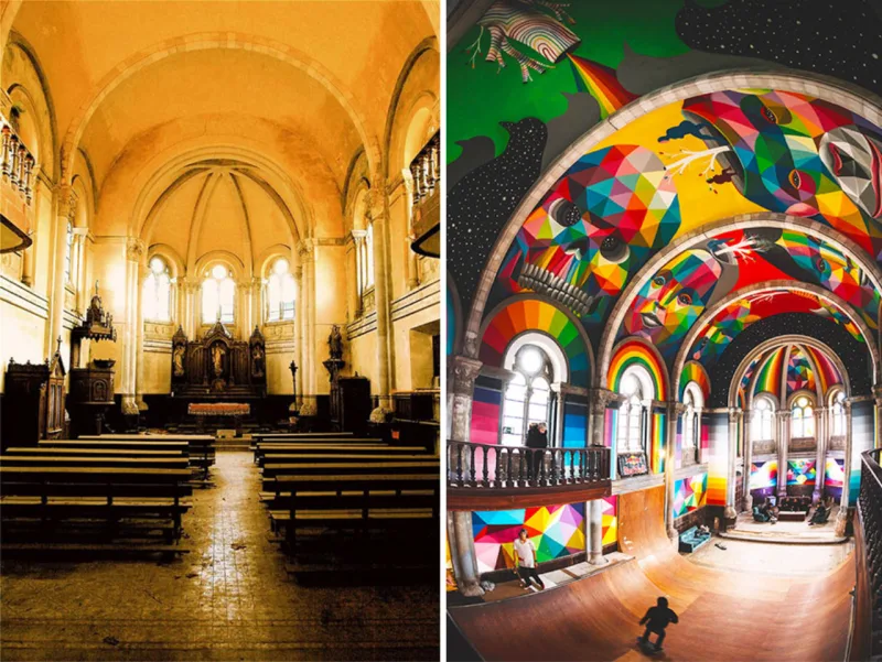 Antes e depois da igreja Santa Barbara, na Espanha. O espaço passou a abrigar uma pista de skate cheia de arte.
Foto: Red Bull Media