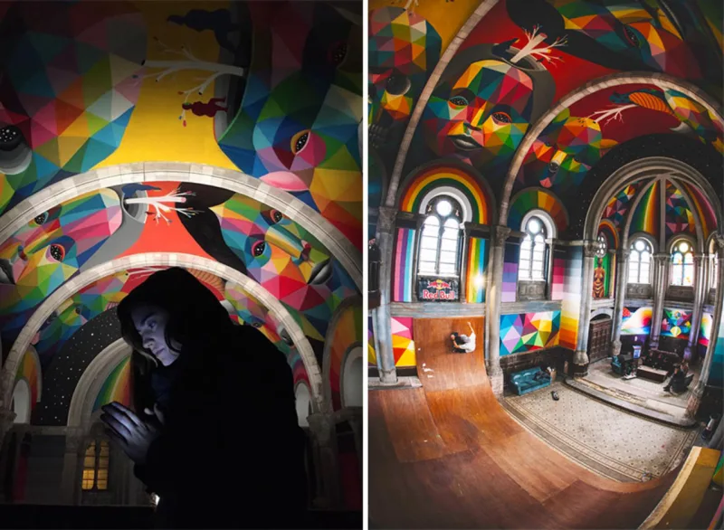 Artista Okuda san Miguel pintou igreja centenária na Espanha que havia sido transformada em pista de skate pública.
Fotos: Red Bull Media / Divulgação