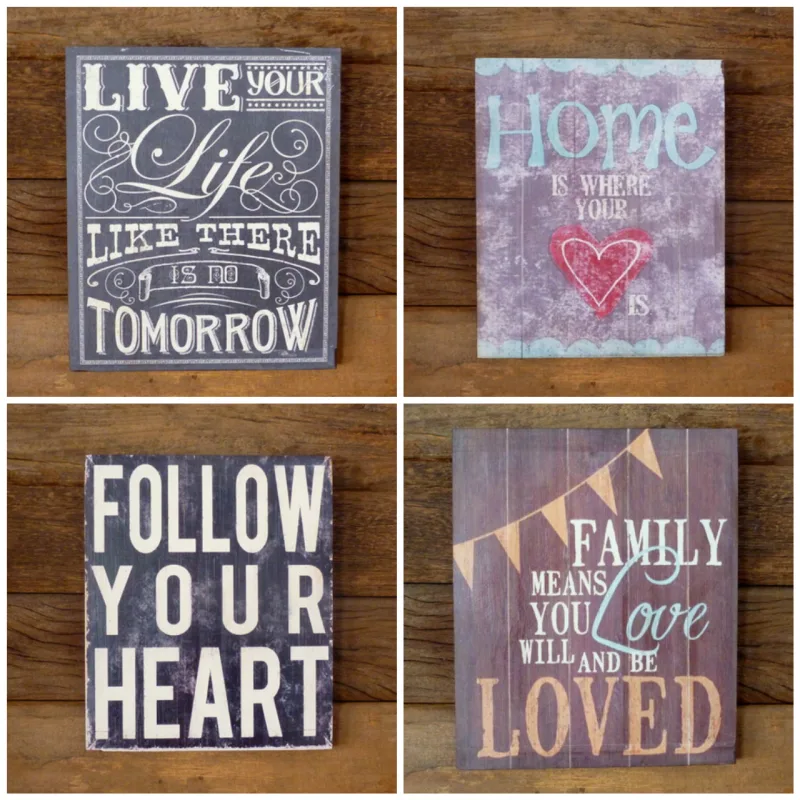 Placas diversas em madeira. R$ 39,90 cada.