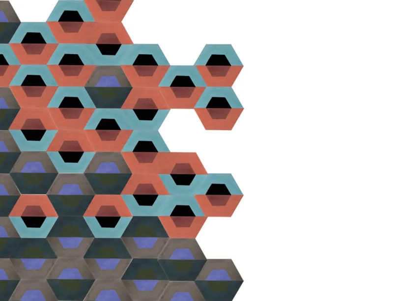 Ladrilhos hidráulicos hexagonais (23 x20 cm), assinados pela artista Calu Fontes. Na Decortiles, R$ 31 cada peça.